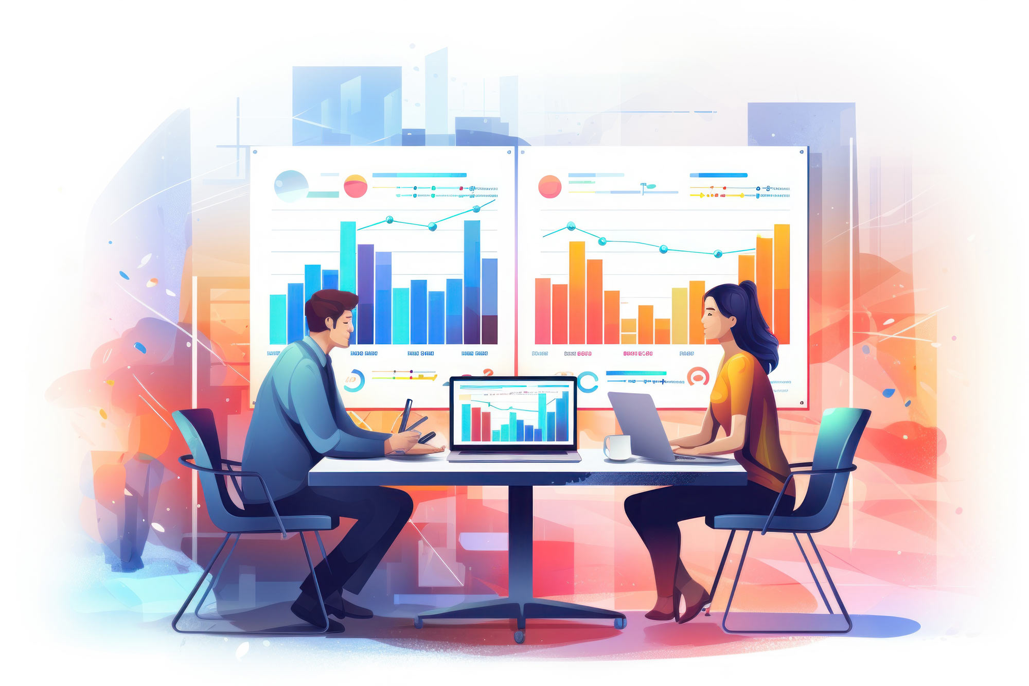 Stylized illustration of two people at a table going over data sets