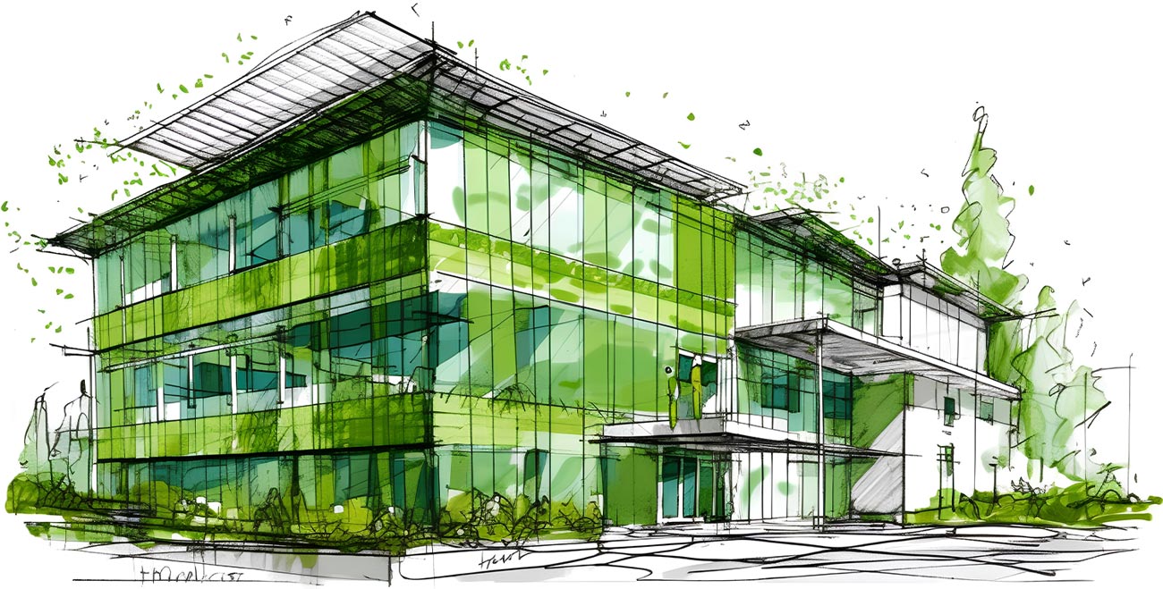 architectural sketch of a three story building colored in different shades of green