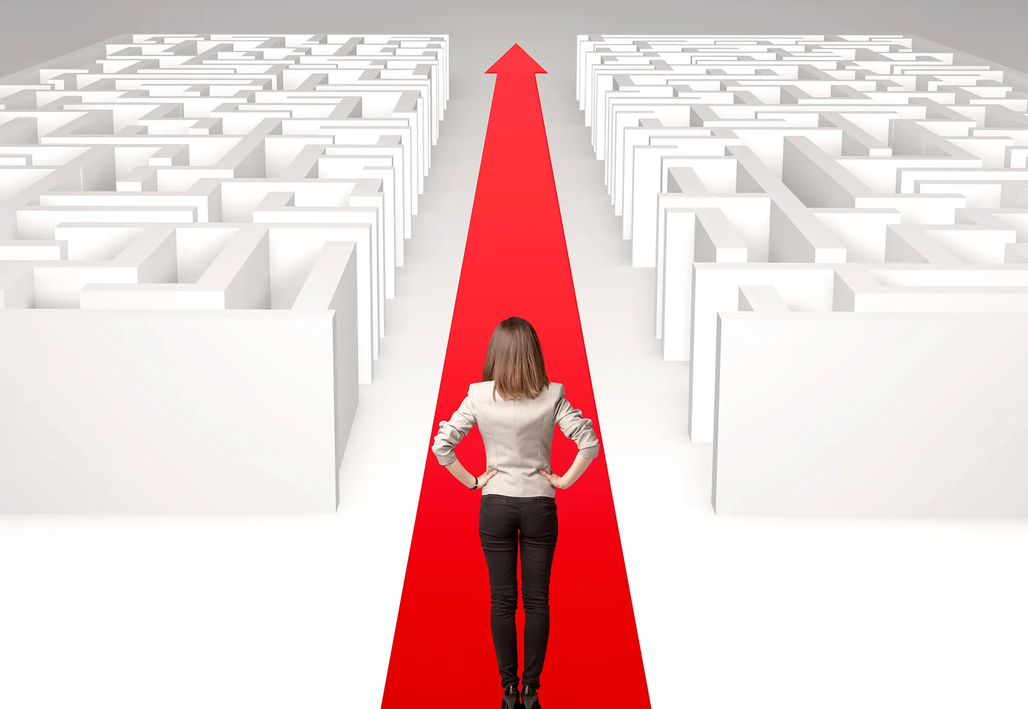 Woman with back to viewer focal point with large red arrow and maze illustration