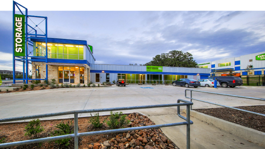 front view of storage warehouse from parking lot