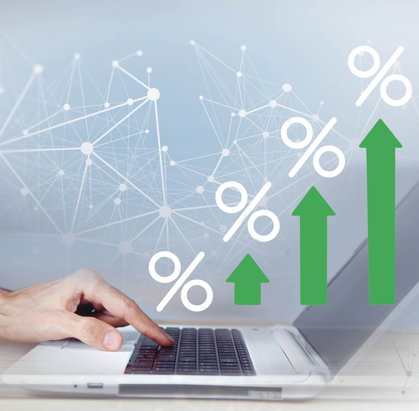 hand typing on a laptop with an upwards trending graph of percent signs and green arrows 