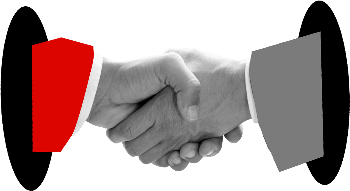 a left hand with a red sleeve shaking with a right hand with a grey sleeve