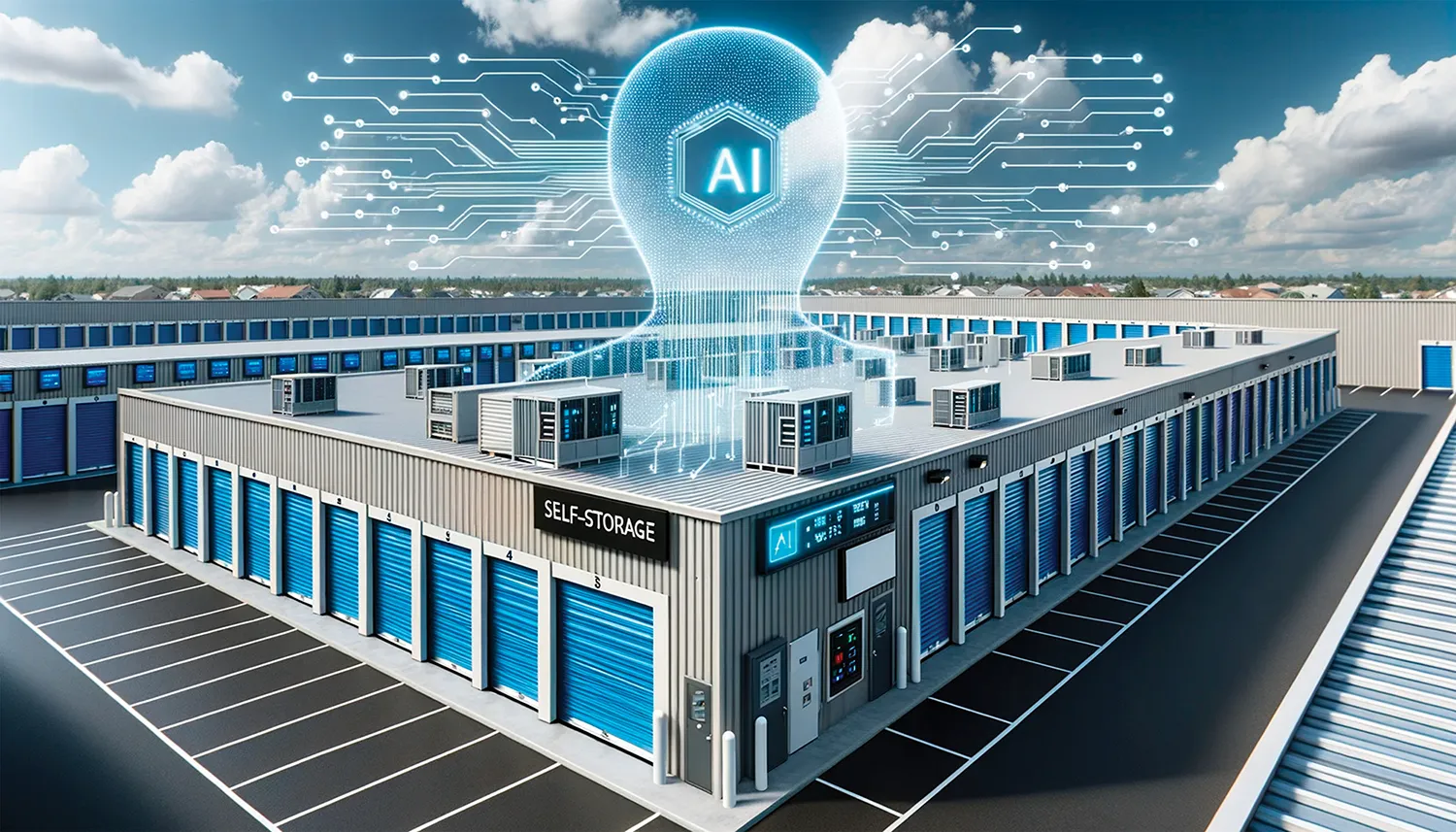Illustration of a modern storage facility with an AI illustration above it