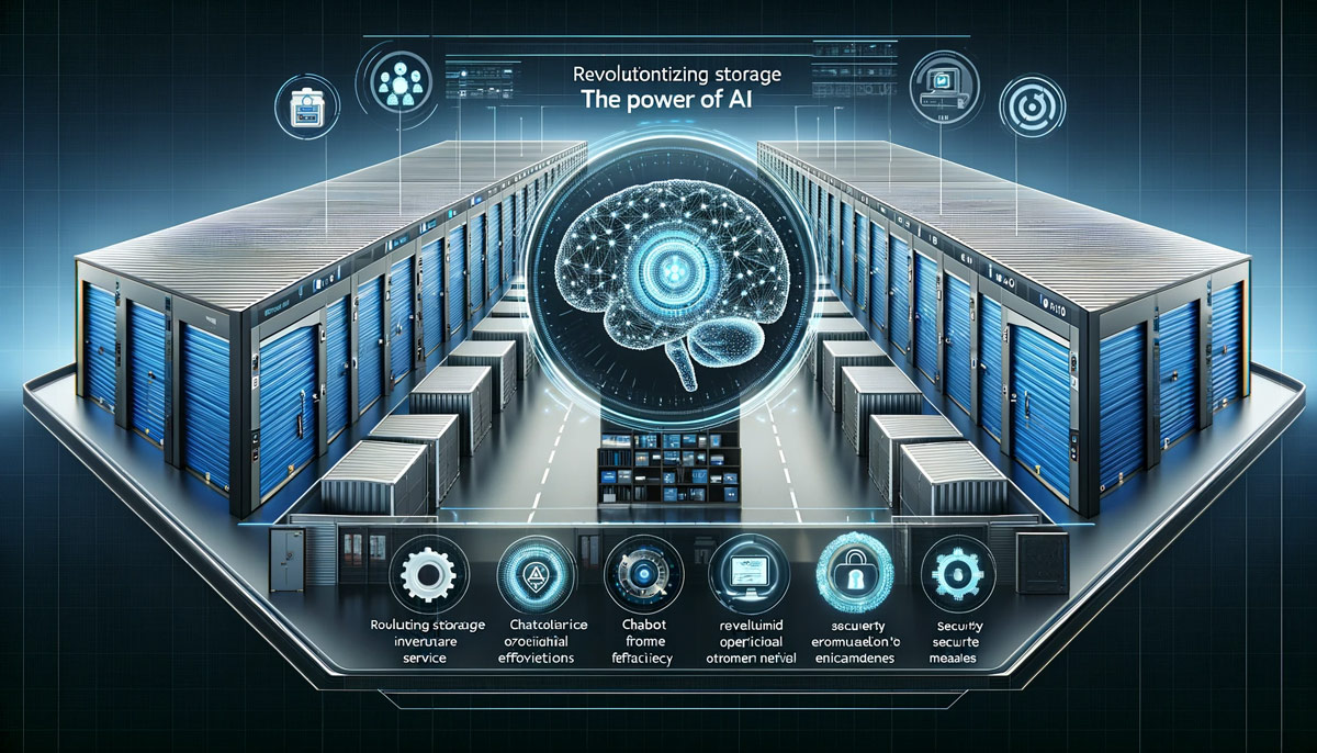 Illustration of a modern storage facility with an AI illustration above it