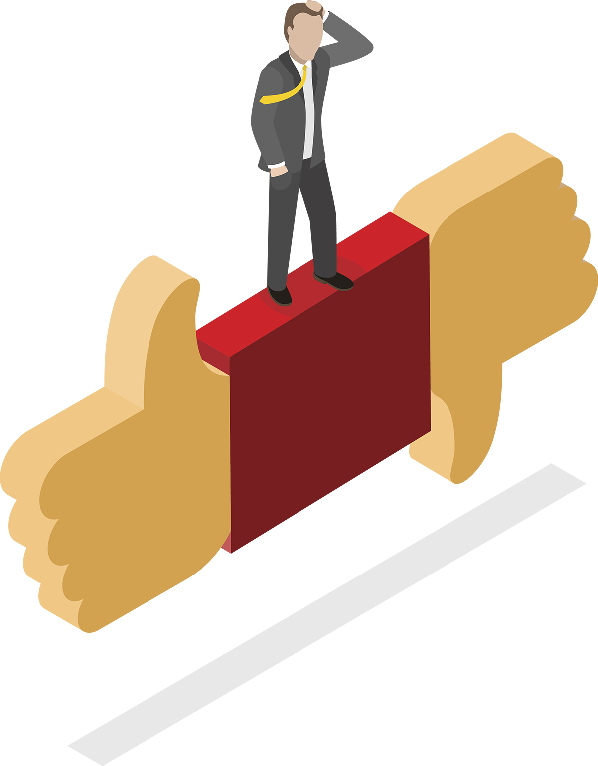 cartoon man standing on a thumbs up and thumbs down symbol merged into one