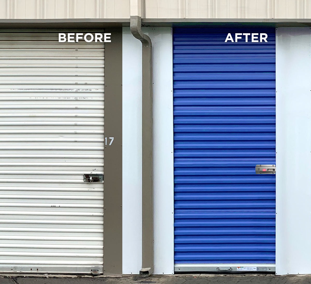 before and after of a renovated storage door