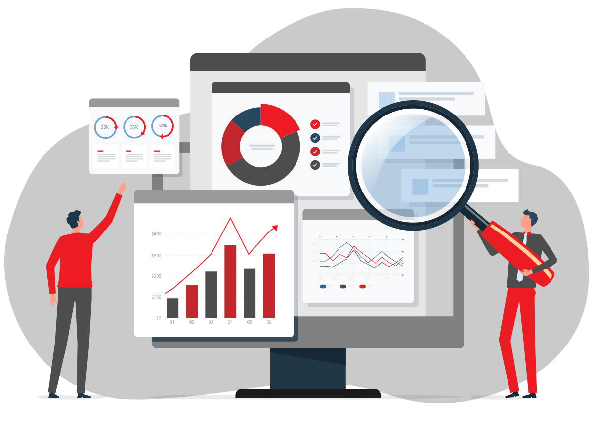 illustration of two people looking ay different types of graphs; one person is holding a giant magnifying glass and using it to look at the graphs