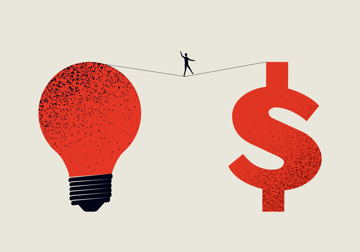digital illustration of a silhouette of a person walking a tight rope between a lightbulb and a dollar sign