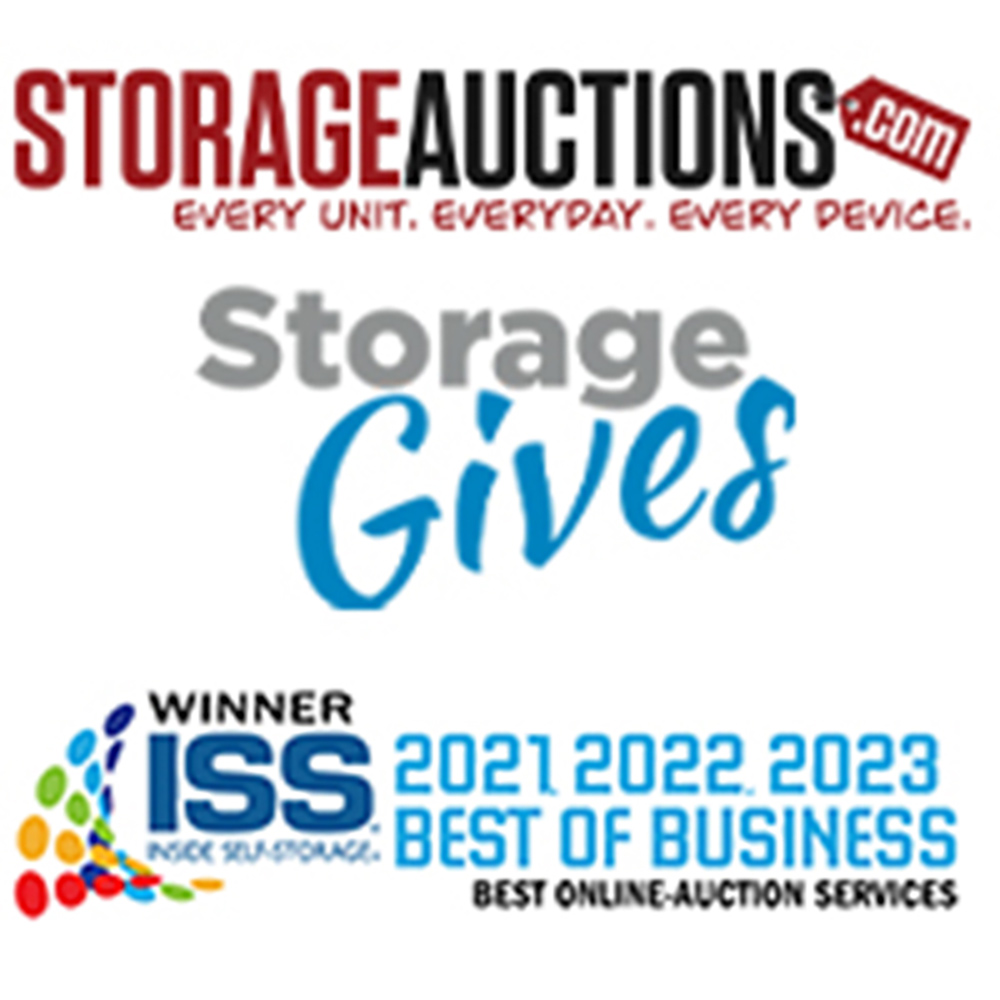 Three floating logos in vertical order top to bottom (StorageAuctions.com logo with mantra Every Unit, Everyday, Every Device., StorageGives logo, Winner ISS Inside Self-Storage 2021 2022 2023 Best of Business Best Online-Auction Services logo)