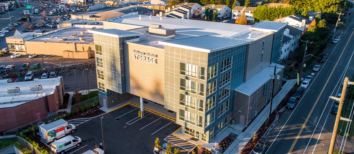 aerial view of the multi-storied Ballinger Heated Storage facility located in Shoreline, Washington