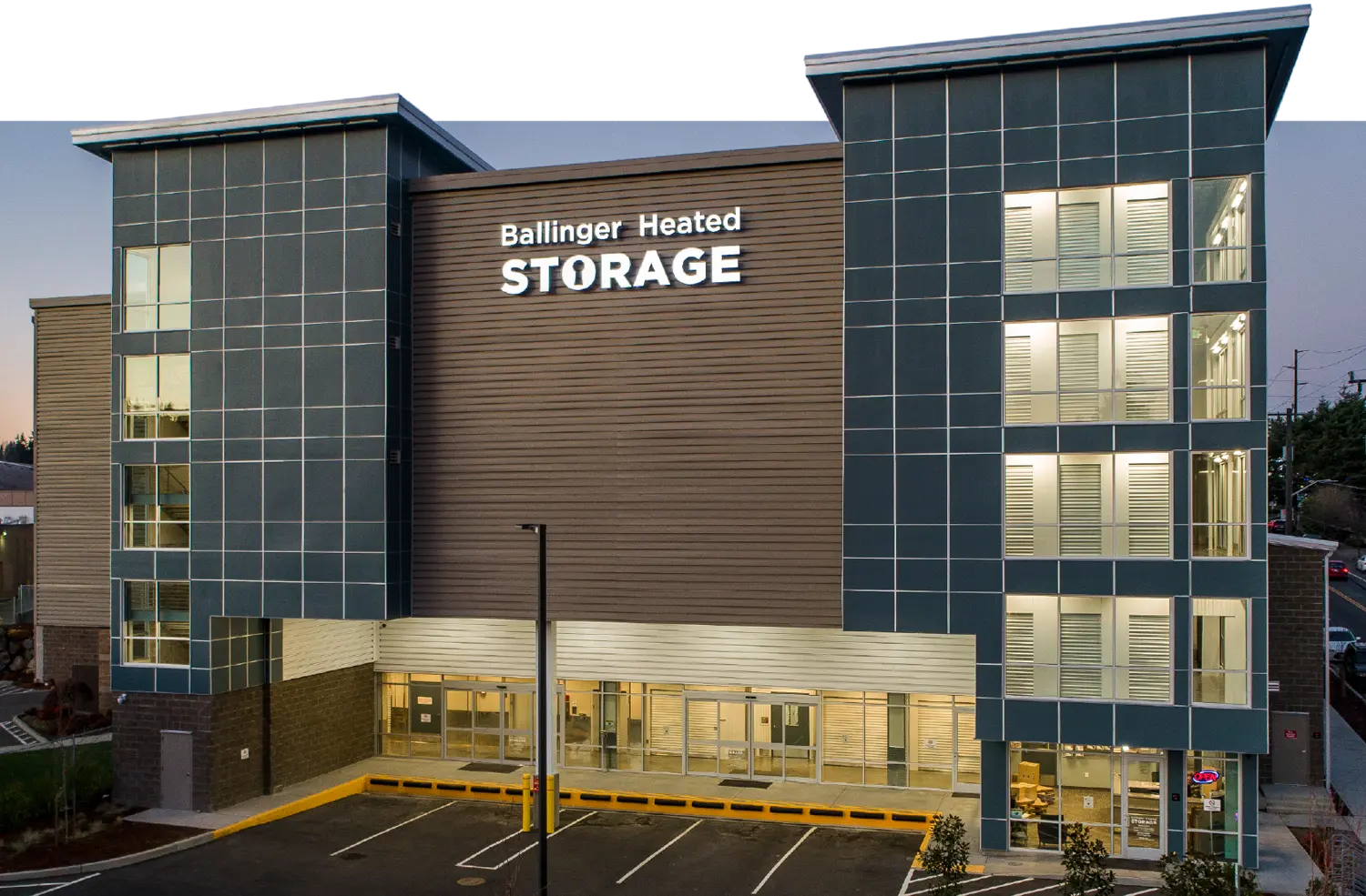 closer mid angle view of the multi-storied Ballinger Heated Storage facility