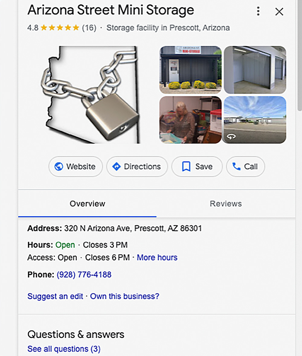 cropped screenshot focusing on arizona street mini storage business hours, location, and phone number