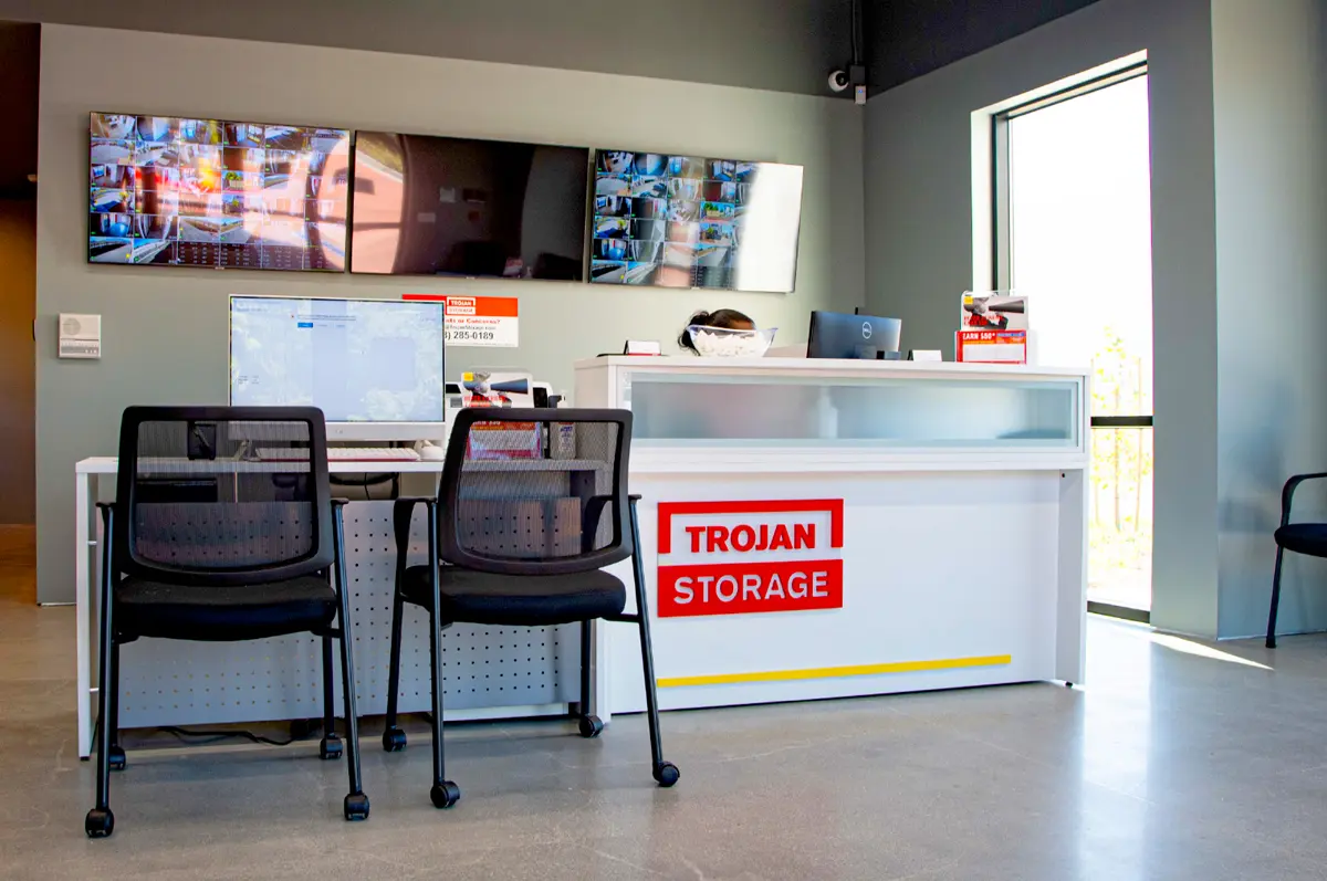 the attended front desk in the lobby of the Trojan Storage facility