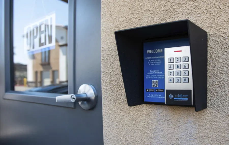 close view of a keypad locked external door at the Trojan Storage facility