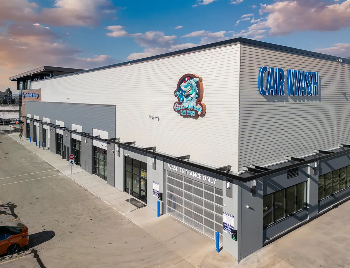 high angle external quarter view of the Great White car wash sharing the same facility as Bluebird Self Storage