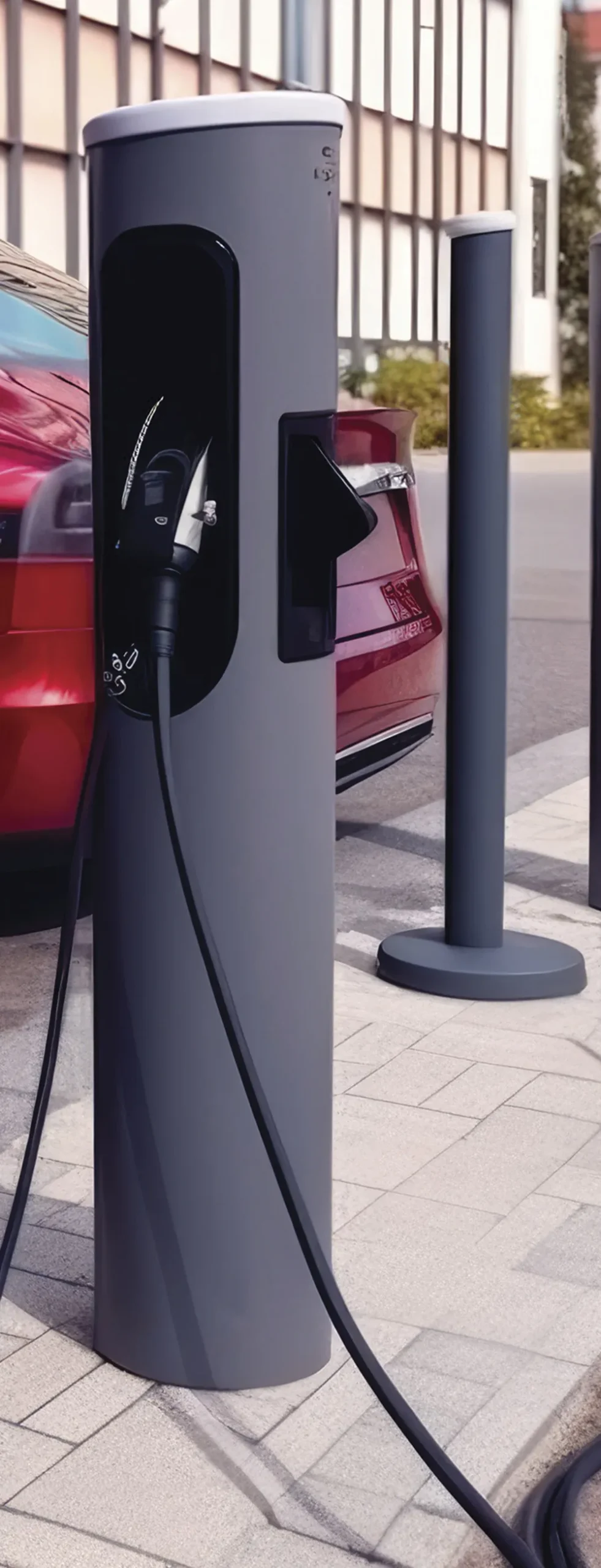 electric car charging port with car in the background