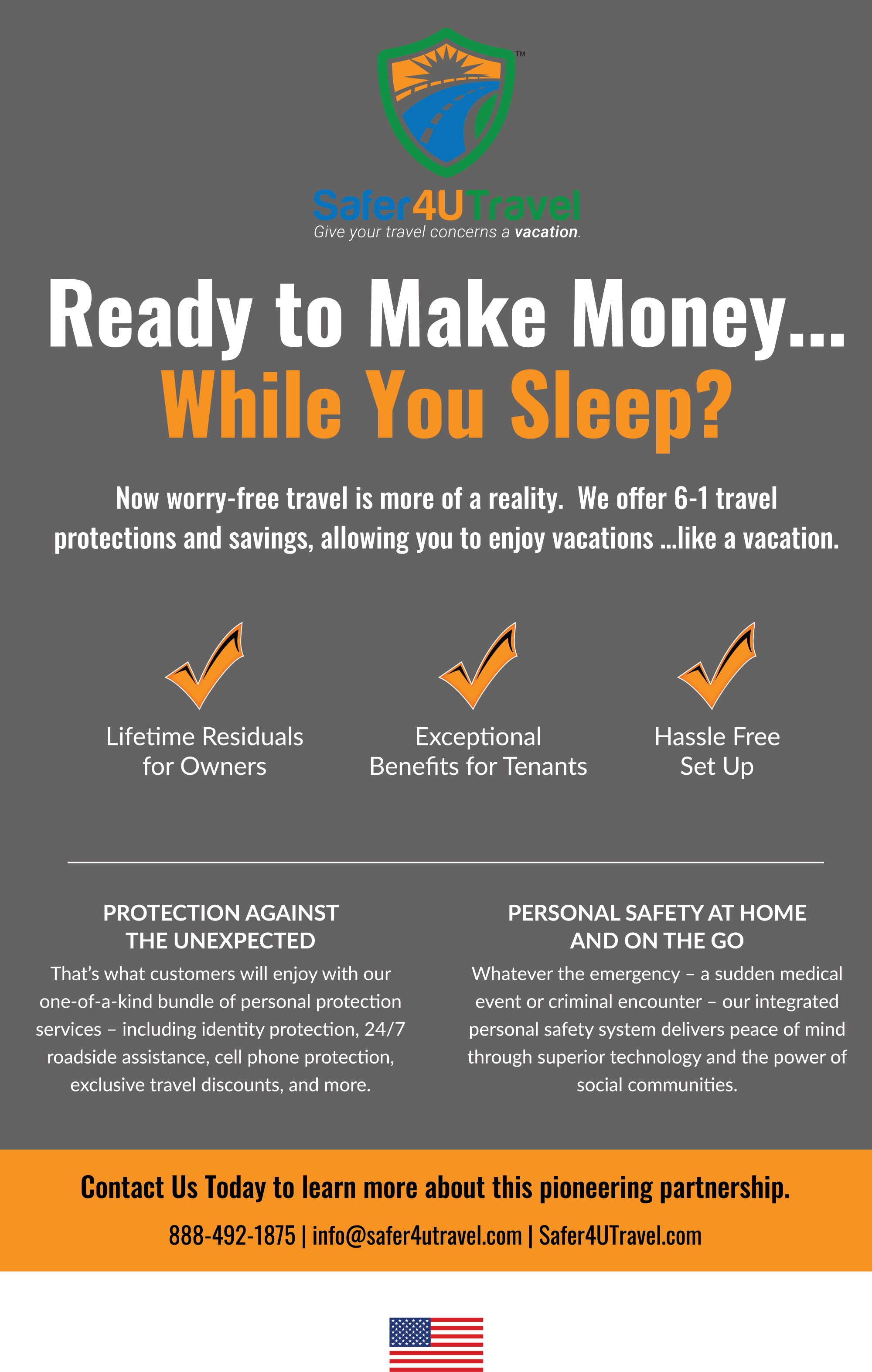 Safer4UTravel promotional graphic with text: 'Ready to Make Money... While You Sleep? Now worry-free travel is more of a reality. We offer 6-in-1 travel protections and savings, allowing you to enjoy vacations like a vacation.' The graphic highlights benefits such as lifetime residuals for owners, exceptional benefits for tenants, and hassle-free setup. Contact information and the company logo are included at the bottom.