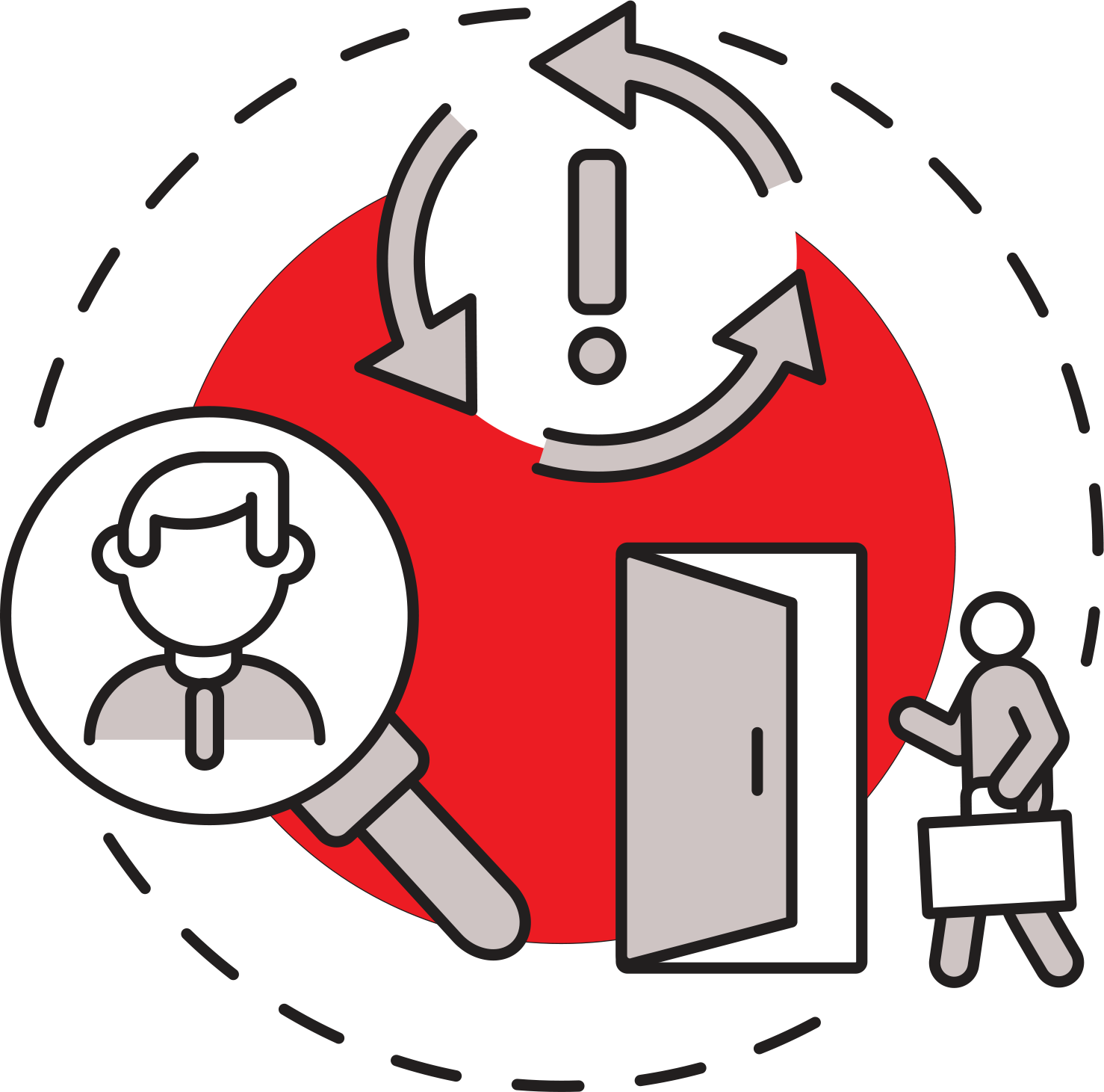 illustration of a person in a magnifying glass, a exclamation point in a circle of arrows, and a person holding a briefcase walking through a door