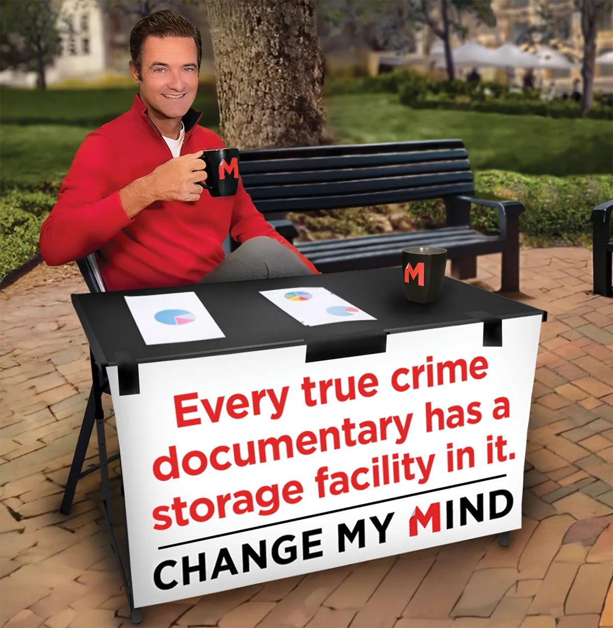 Travis Morrow as popular internet meme with sign that says every true crime documentary has a storage facility in it