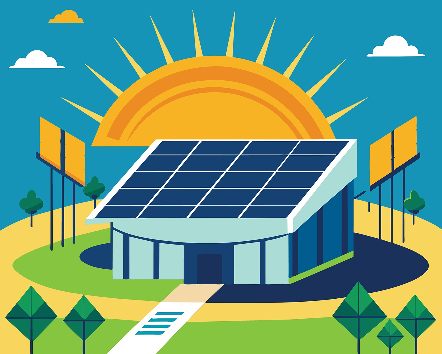 digital illustration of a house with solar panels and the sun rising behind it