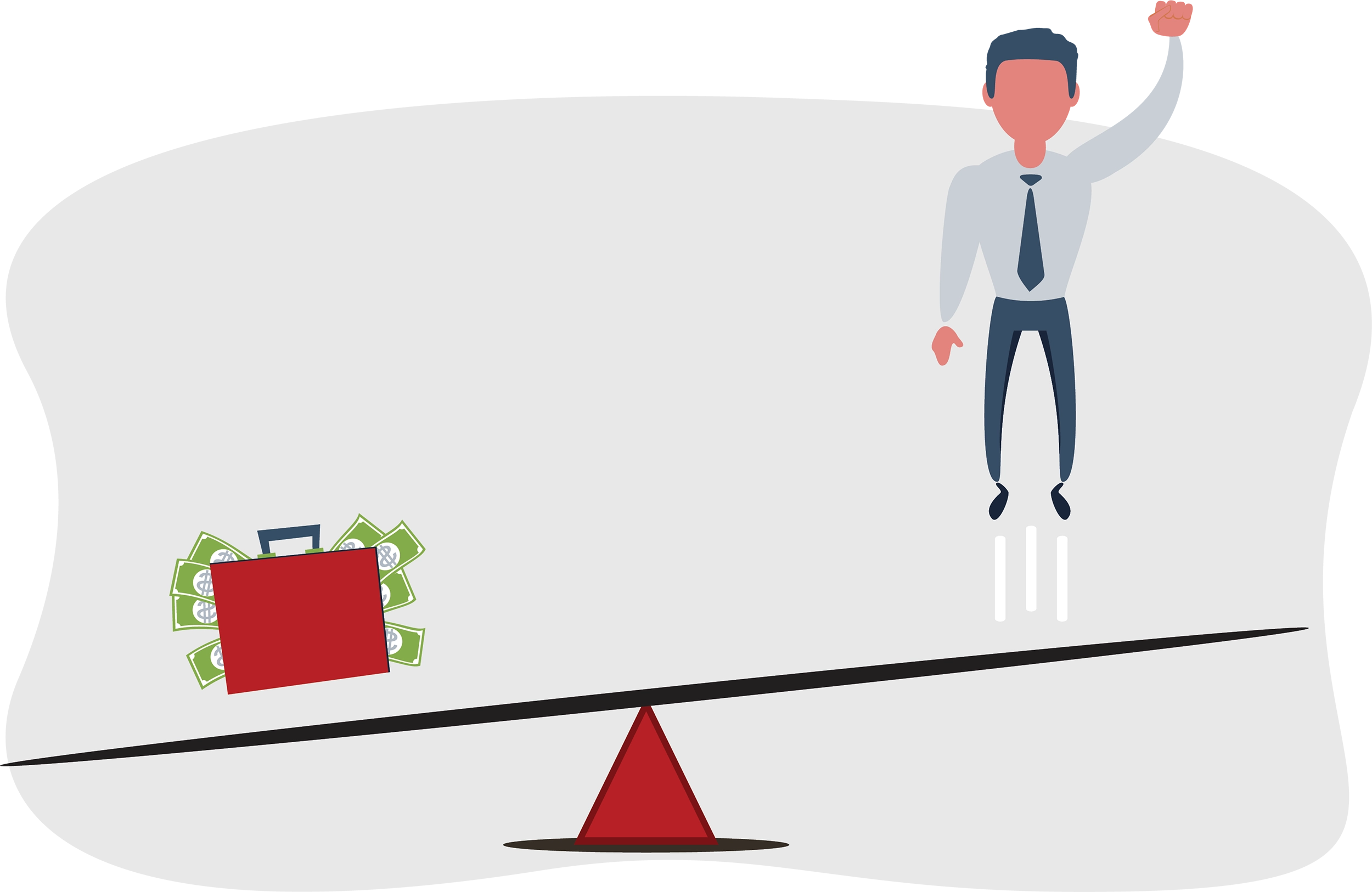 digital illustration of a businessman being launched off one end of a scale while the other end gets pushed down by a briefcase filled with money