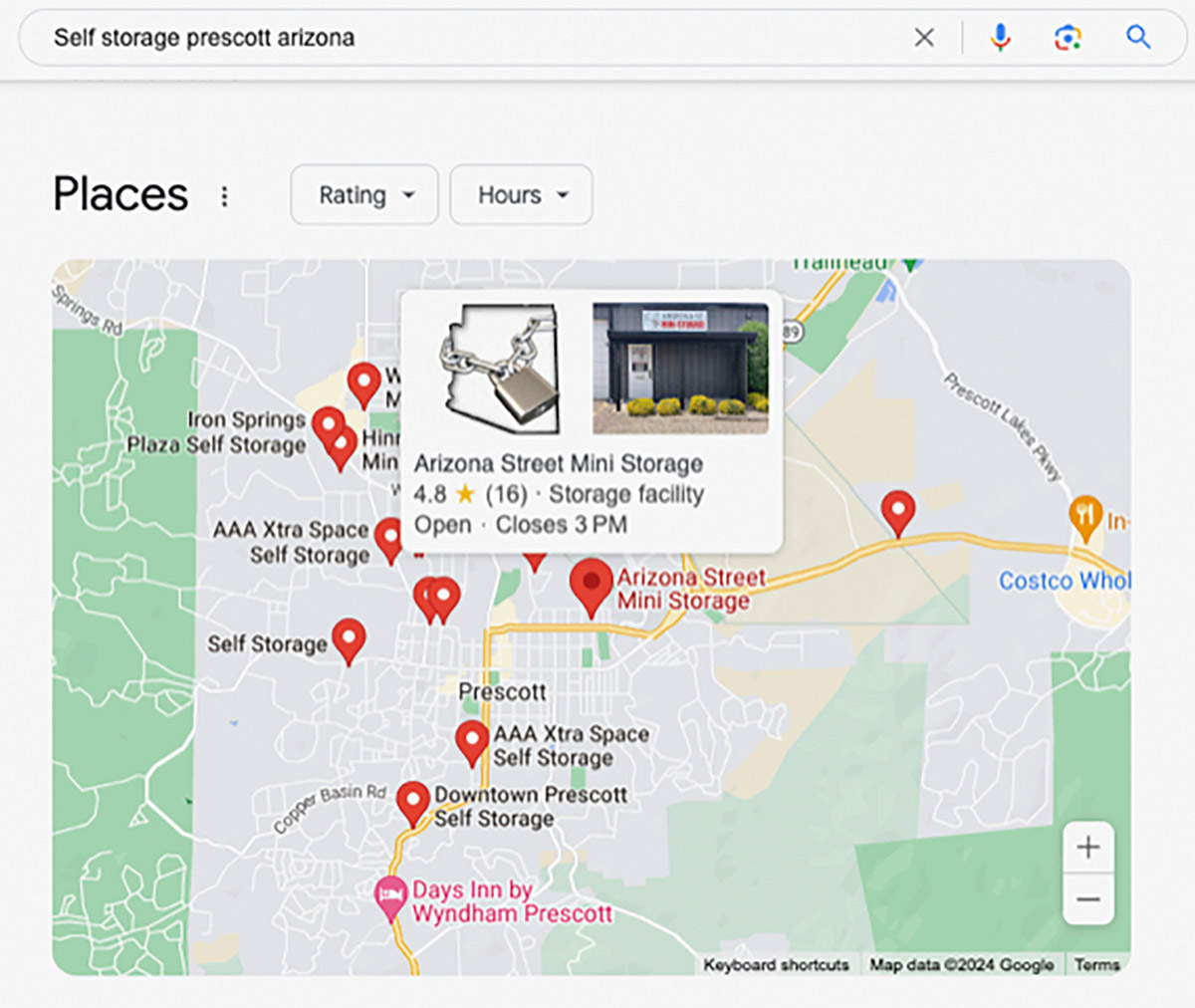 Google Maps view of self storage facilities in Prescott Arizona