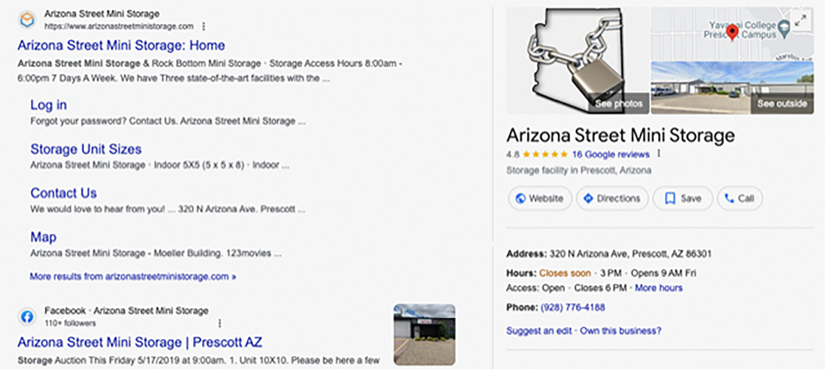 Google search of Arizona Street Mini Storage