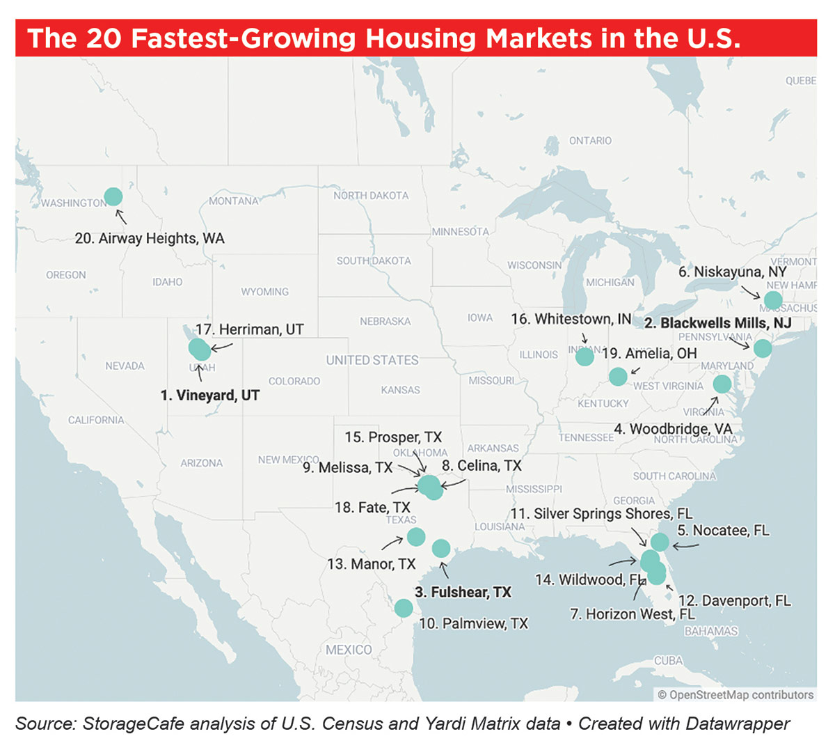 map of the 20 fastest-growing housing markets in the U.S.