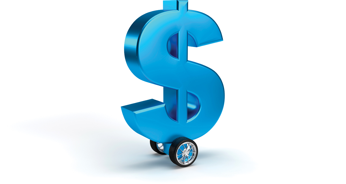 blue three dimensional dollar sign on wheels