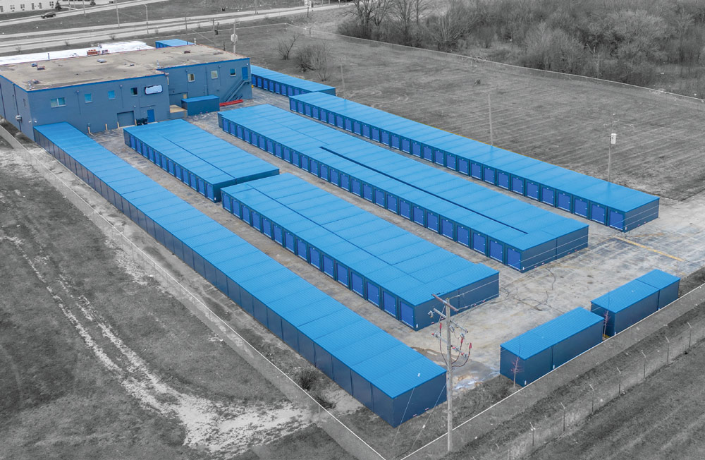 aerial view of blue storage units