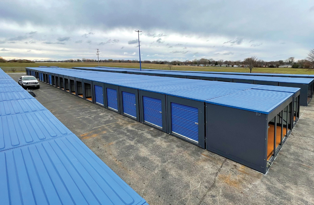 blue storage units at a facility