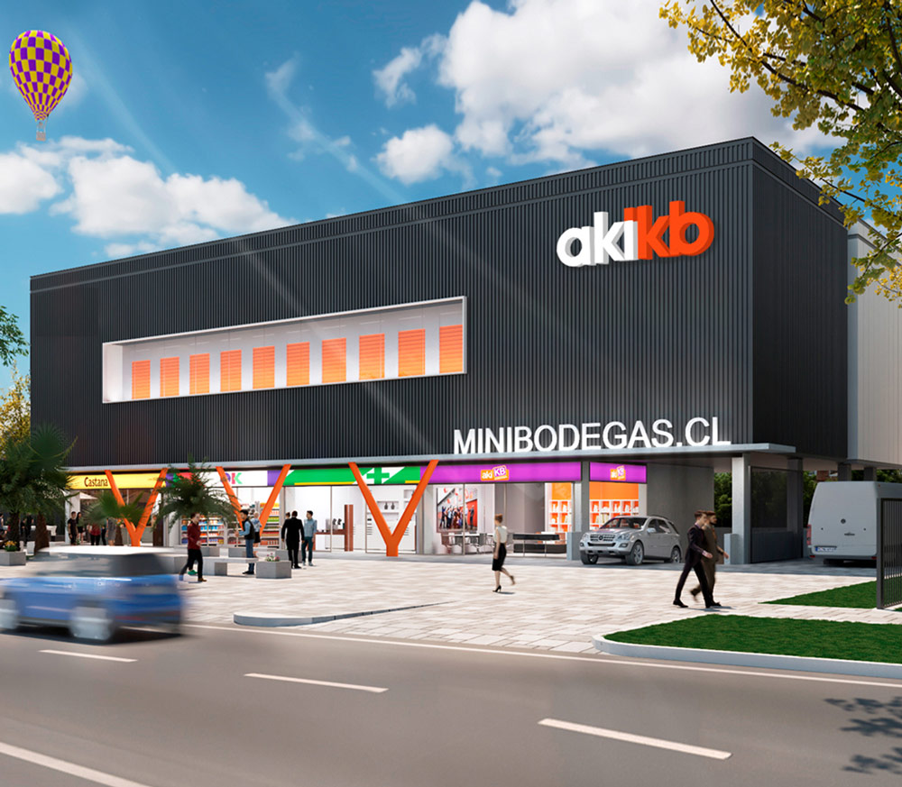 rendering of a large 5+ story Aki KB storage facility with a striking black façade and vibrant orange and white accents