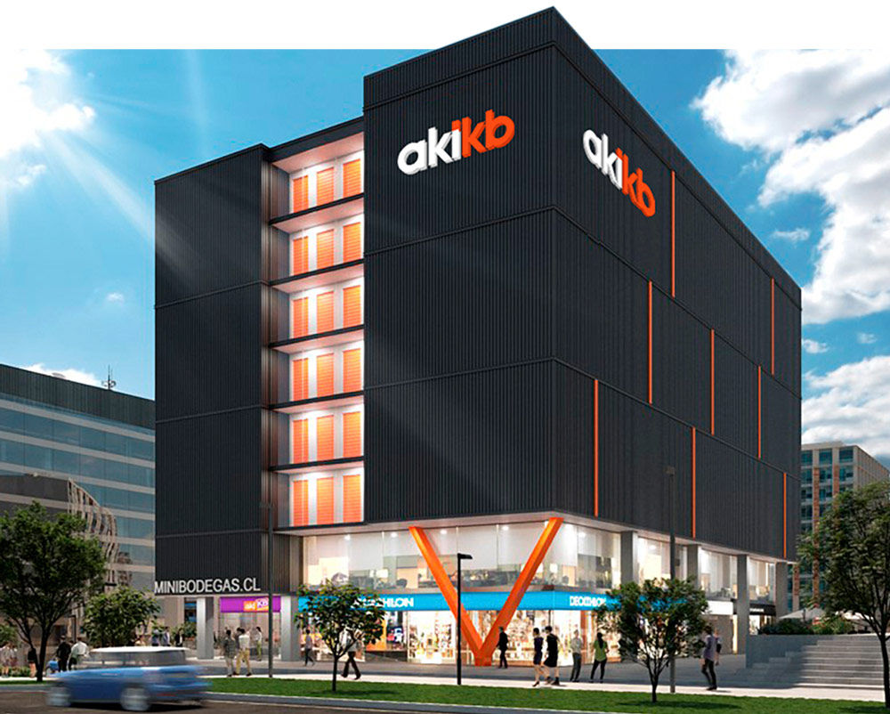 rendering of a minibodegas Aki KB storage facility with a striking black façade and vibrant orange accents