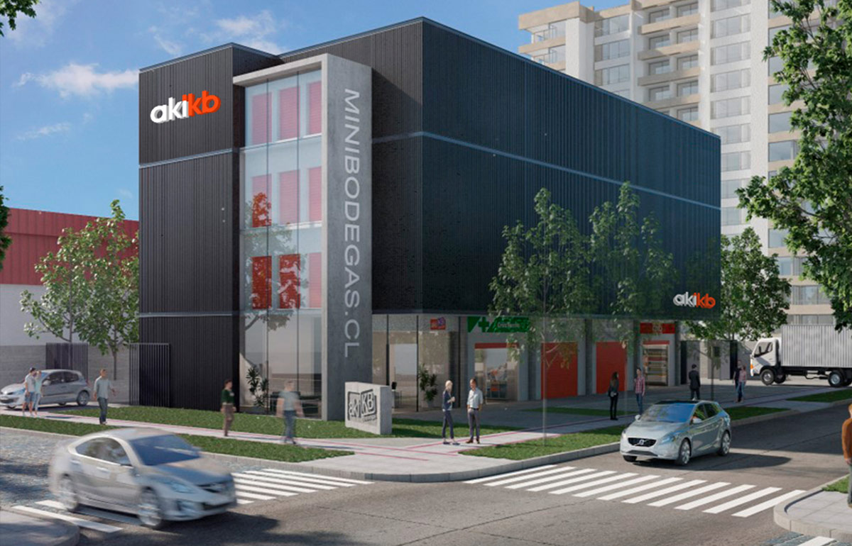 rendering of a 4 story minibodegas Aki KB storage facility with a striking black façade and vibrant orange accents