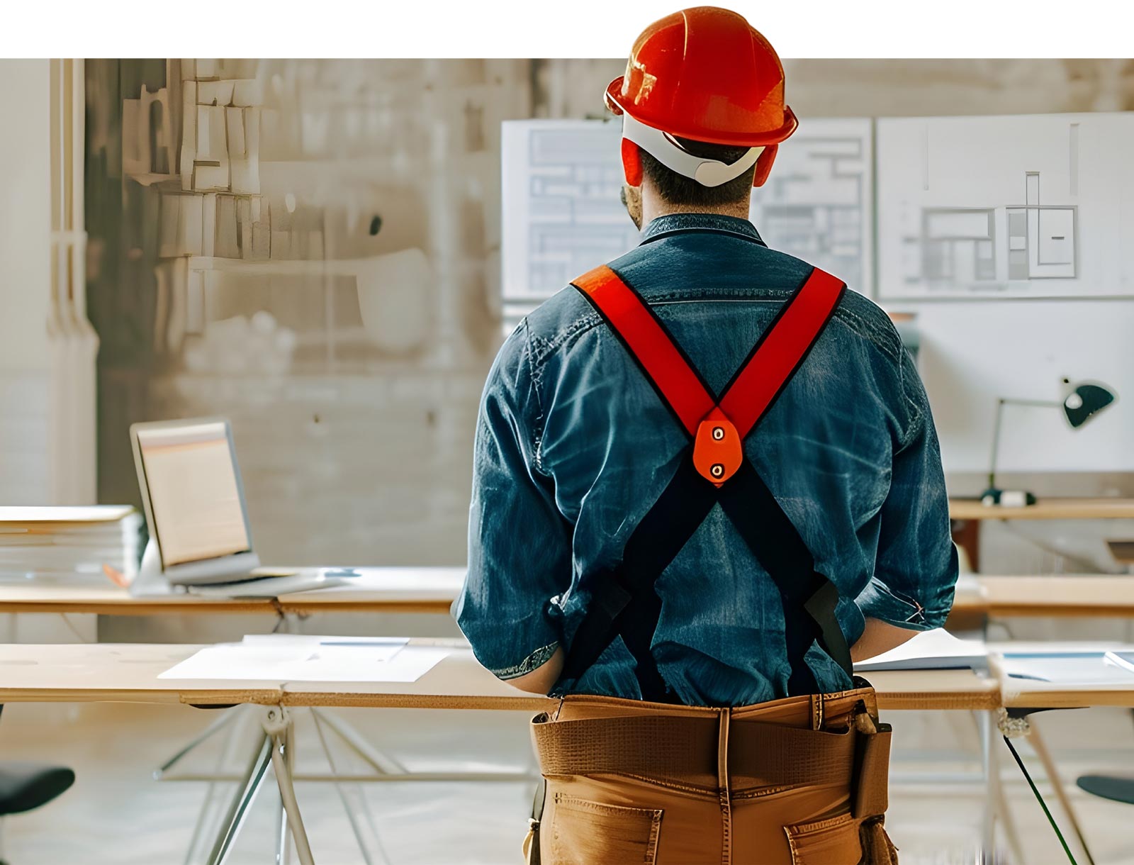 back view of a man wearing a hard hat and utility clothes standing in an area under renovation