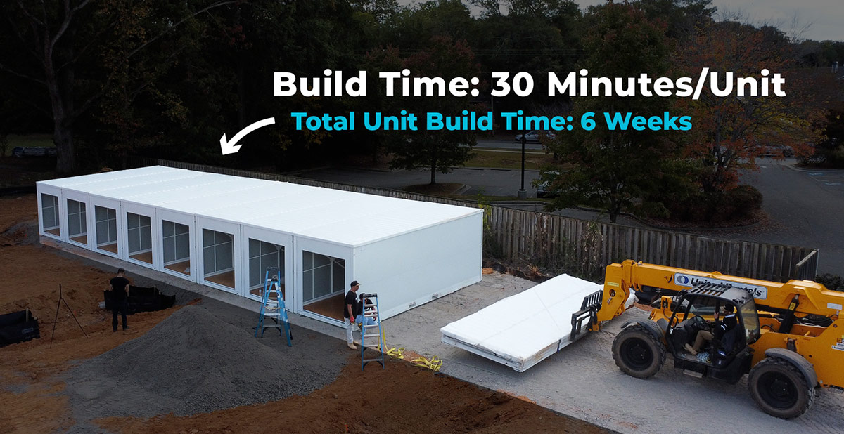 diagram photo of outdoor storage unit structures being built with information on the build time