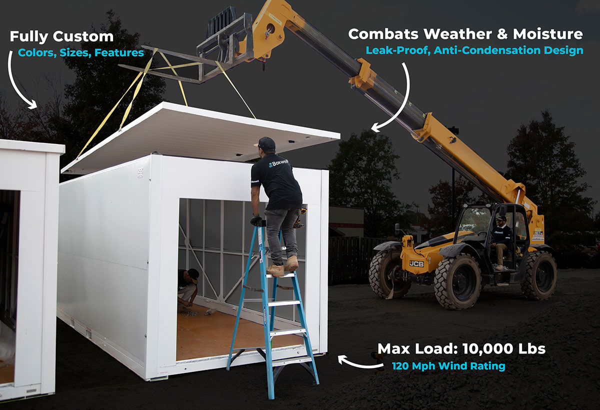 diagram photo of builders contructing an outdoor storage unit with information of the customization, design and weight