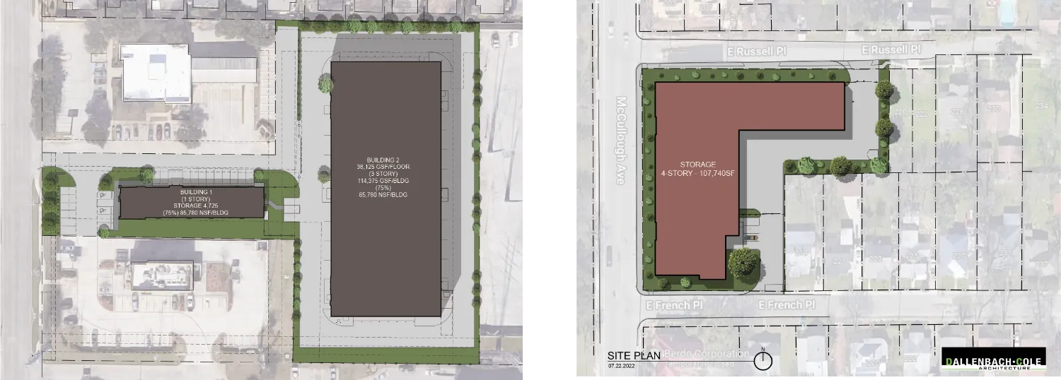 An aerial view of a site plan showing the layout of two storage buildings surrounded by parking spaces and driveways, located in a residential and commercial area.