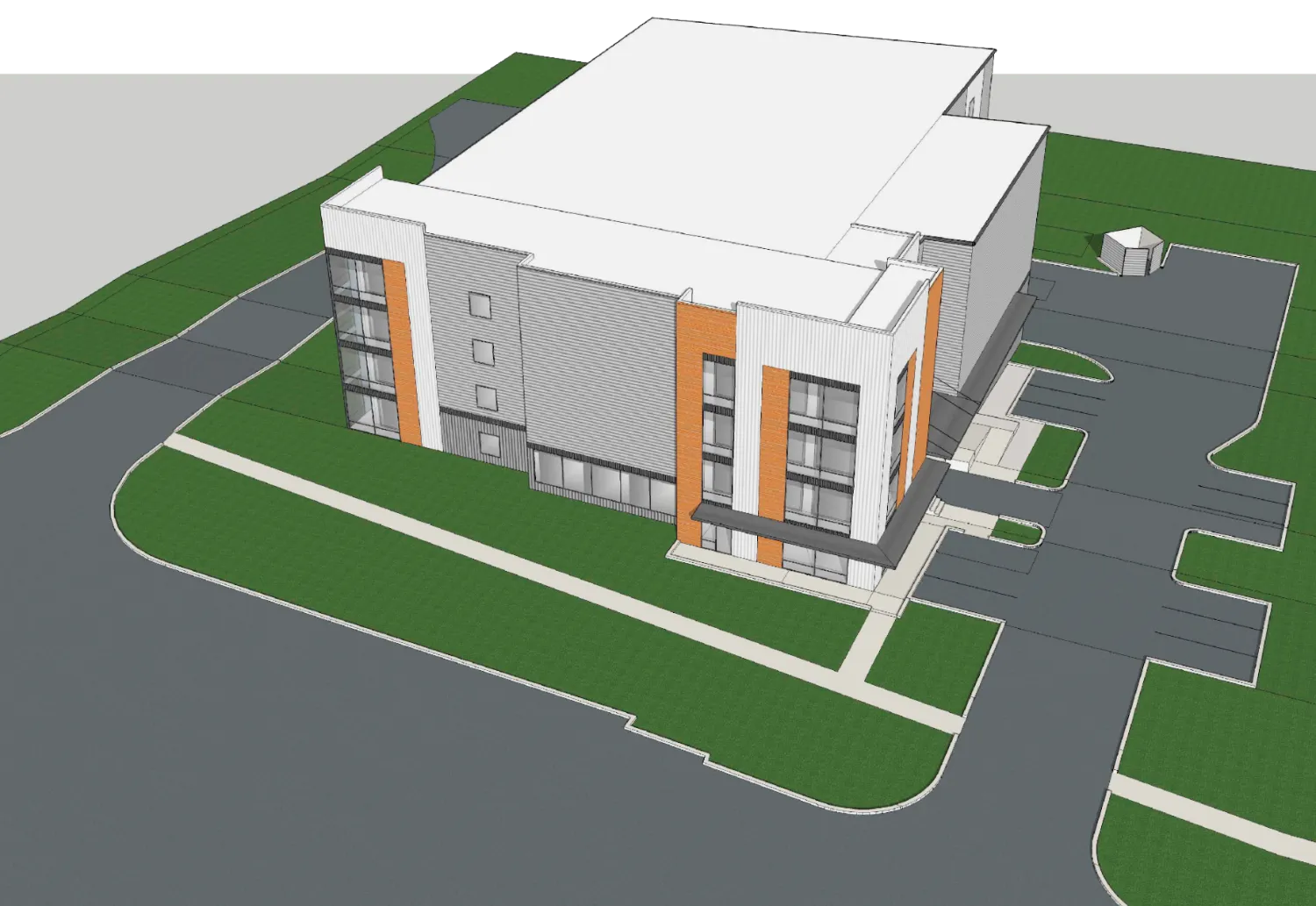 A 3D-rendered image of a proposed multi-story storage facility with a modern design, featuring orange and gray exterior walls. The facility is surrounded by grass and parking spaces.