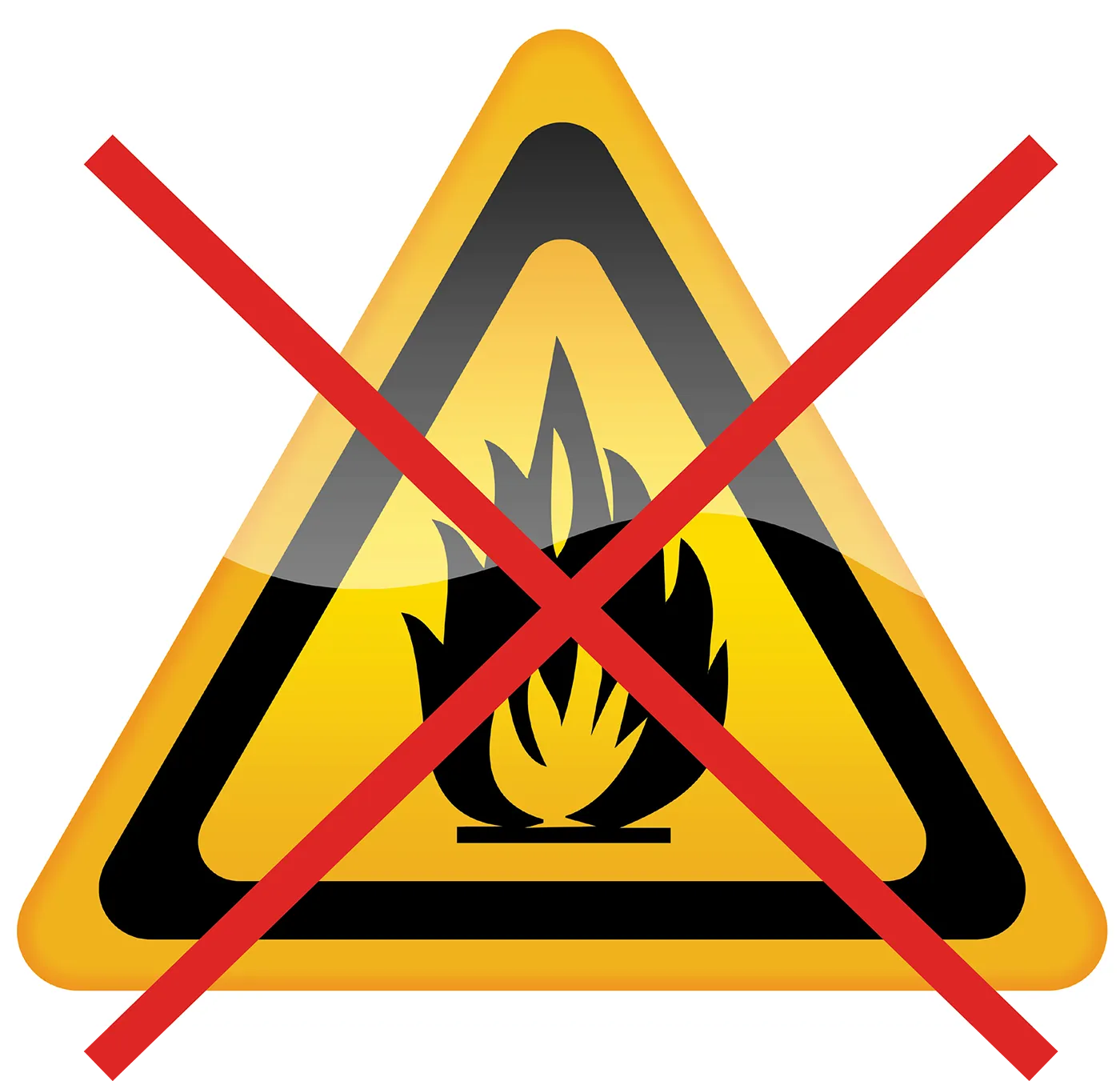 digital illustration of caution sign with large red x and fire