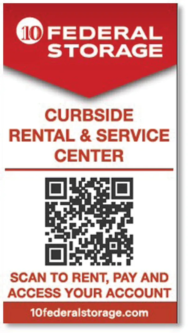 10 Federal Storage sign displaying 'Curbside Rental & Service Center' with a QR code for renting, paying, and accessing the account. URL: 10federalstorage.com.