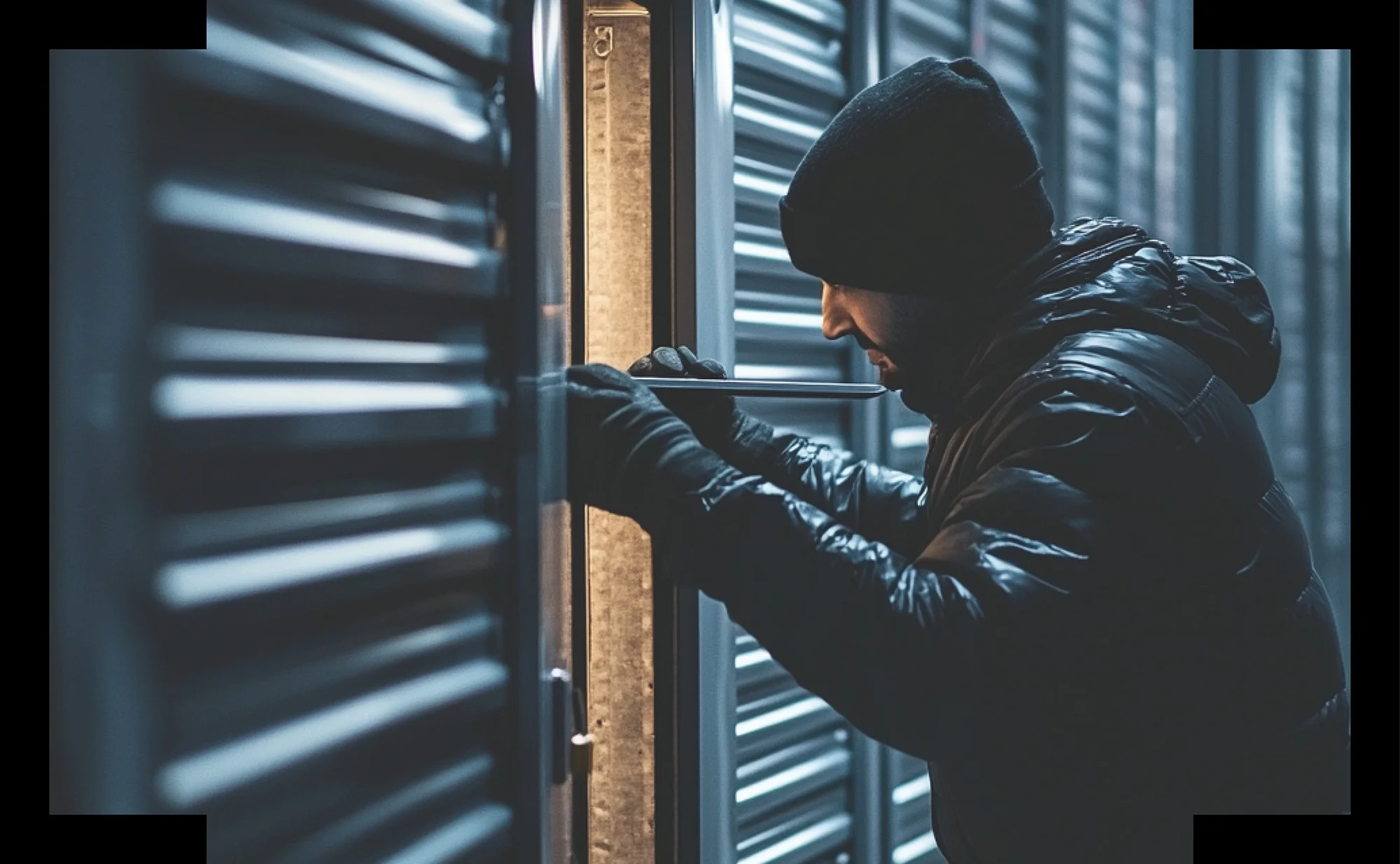 Portrait image of a thief wearing all black, caught in the act of breaking into a storage unit.