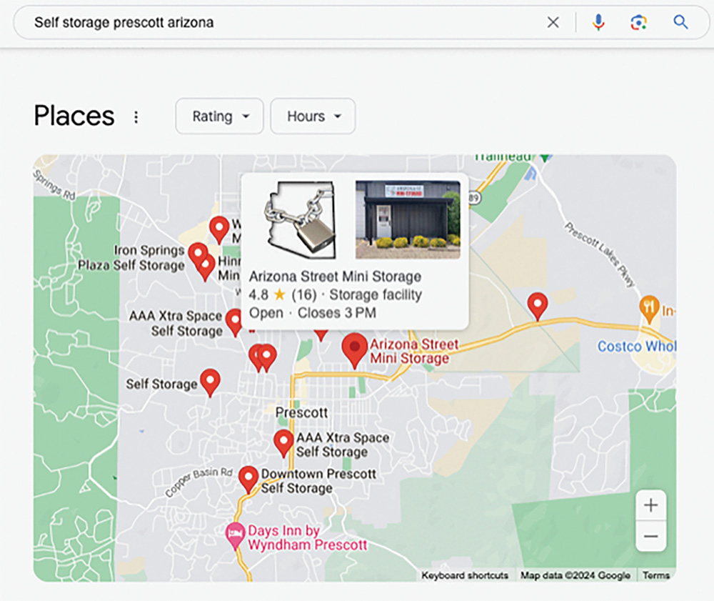 Map of Prescott, Arizona, highlighting self-storage facilities, including Arizona Street Mini Storage, with a pop-up showing its details.