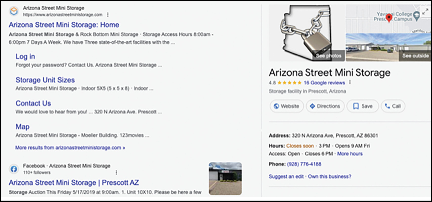 Search results for Arizona Street Mini Storage in Prescott, Arizona, displaying website link, contact details, and user reviews.