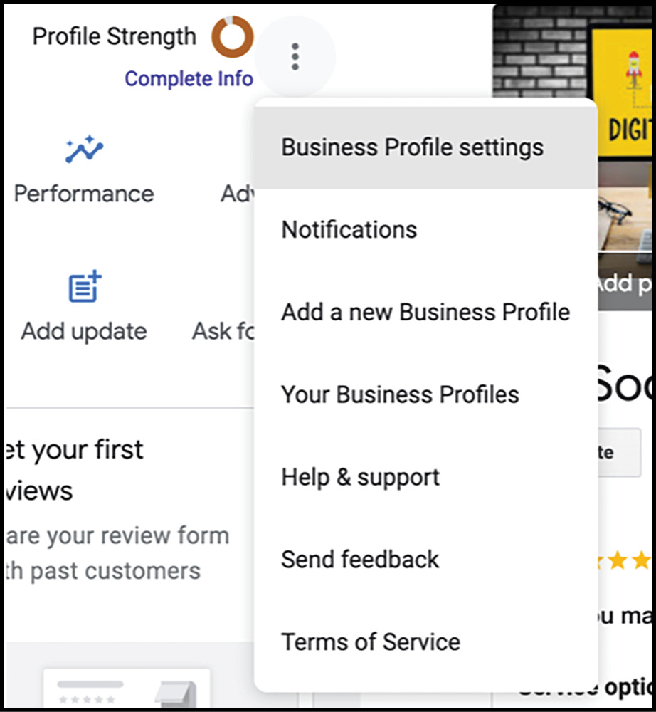 Business profile settings menu in Google Business Profile, showing options such as notifications, add new business profile, and more.