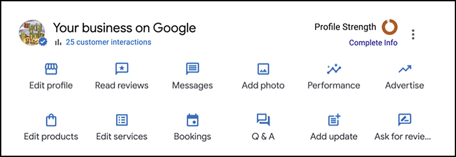 Google Business Profile dashboard for a business, showing options to edit profile, read reviews, add photo, and manage bookings.