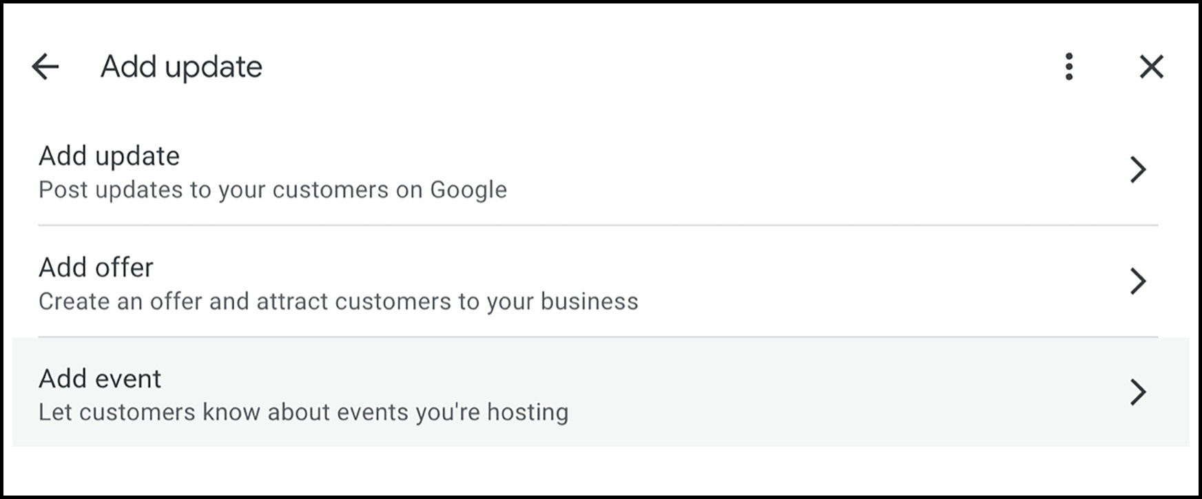 Google Business Profile section for adding updates, offers, and events to the business profile.