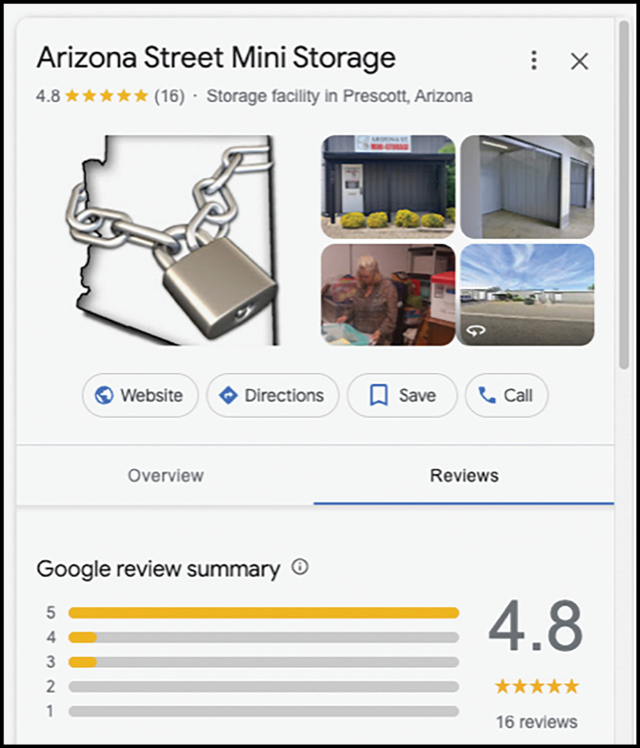 Arizona Street Mini Storage Google Business Profile overview, displaying reviews, ratings, and images of the facility.