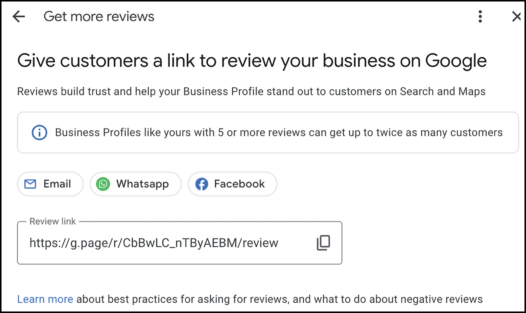 Google prompt to generate a link for customers to review your business, with sharing options via email, WhatsApp, and Facebook.