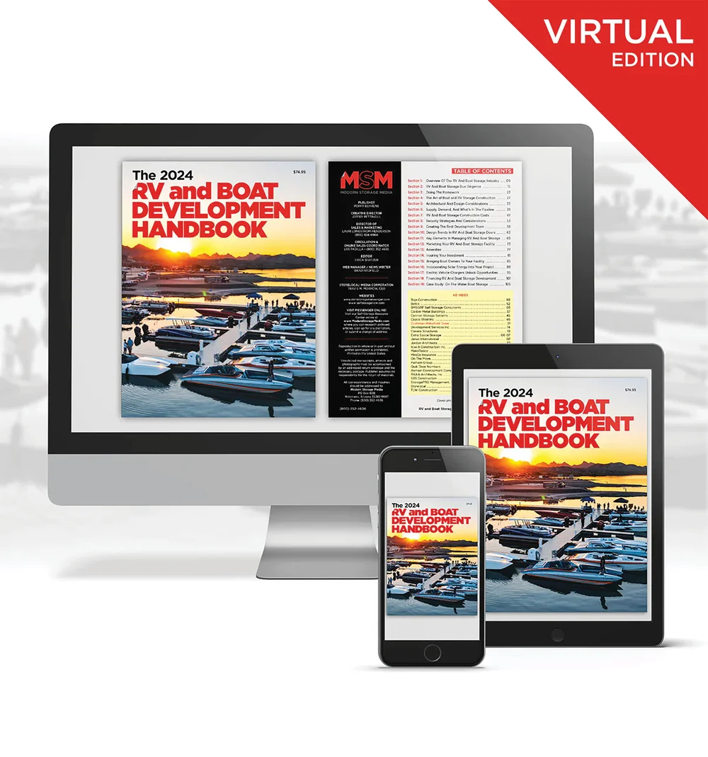 The 2024 RV and Boat Development Handbook displayed on a computer monitor, tablet, and smartphone screen with a virtual edition banner in the top right corner.